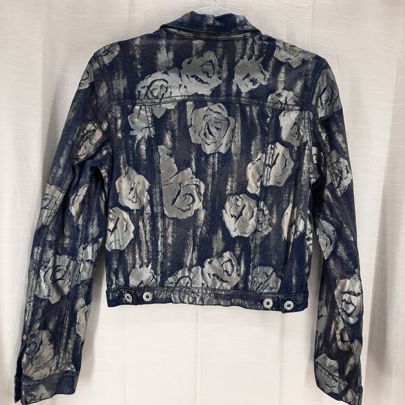 Vintage Parasuco Jeans Y2K Denim‎ Jean Jacket Metallic Silver Roses Size Small - Picture 10 of 12